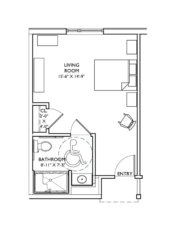 Floor plan of a one-bedroom apartment