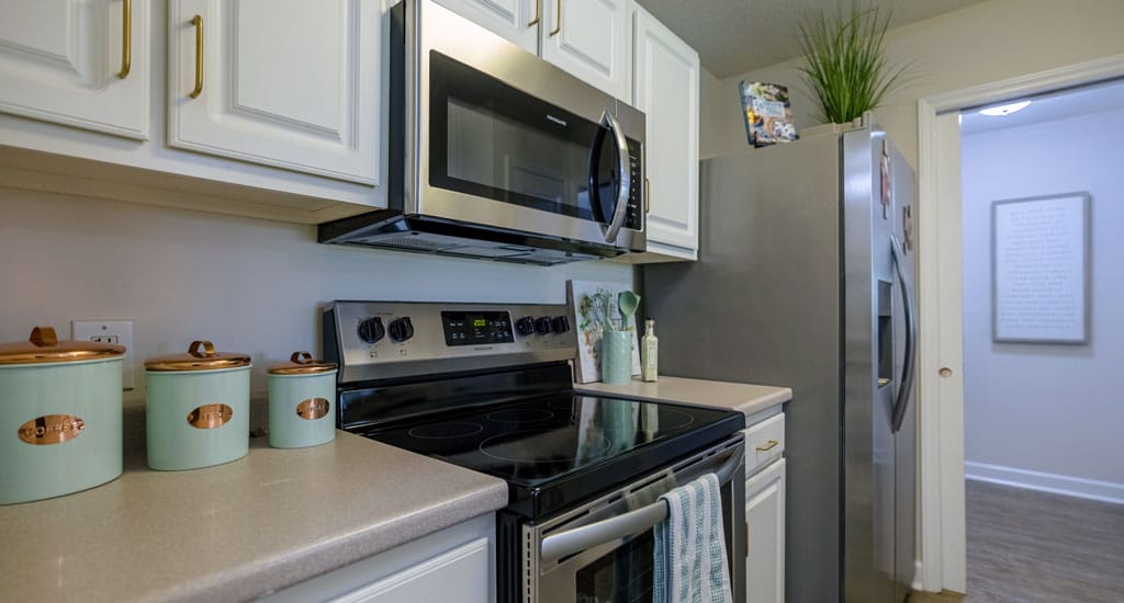 A modern kitchen interior with appliances