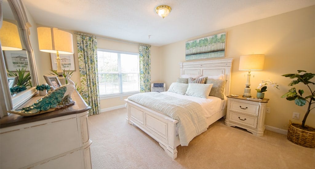 Well-decorated bedroom in a retirement community