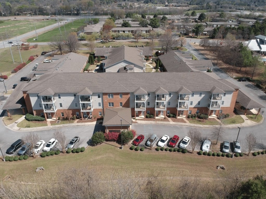 Aerial view of Country Cottage senior living facility in Huntsville, AL.