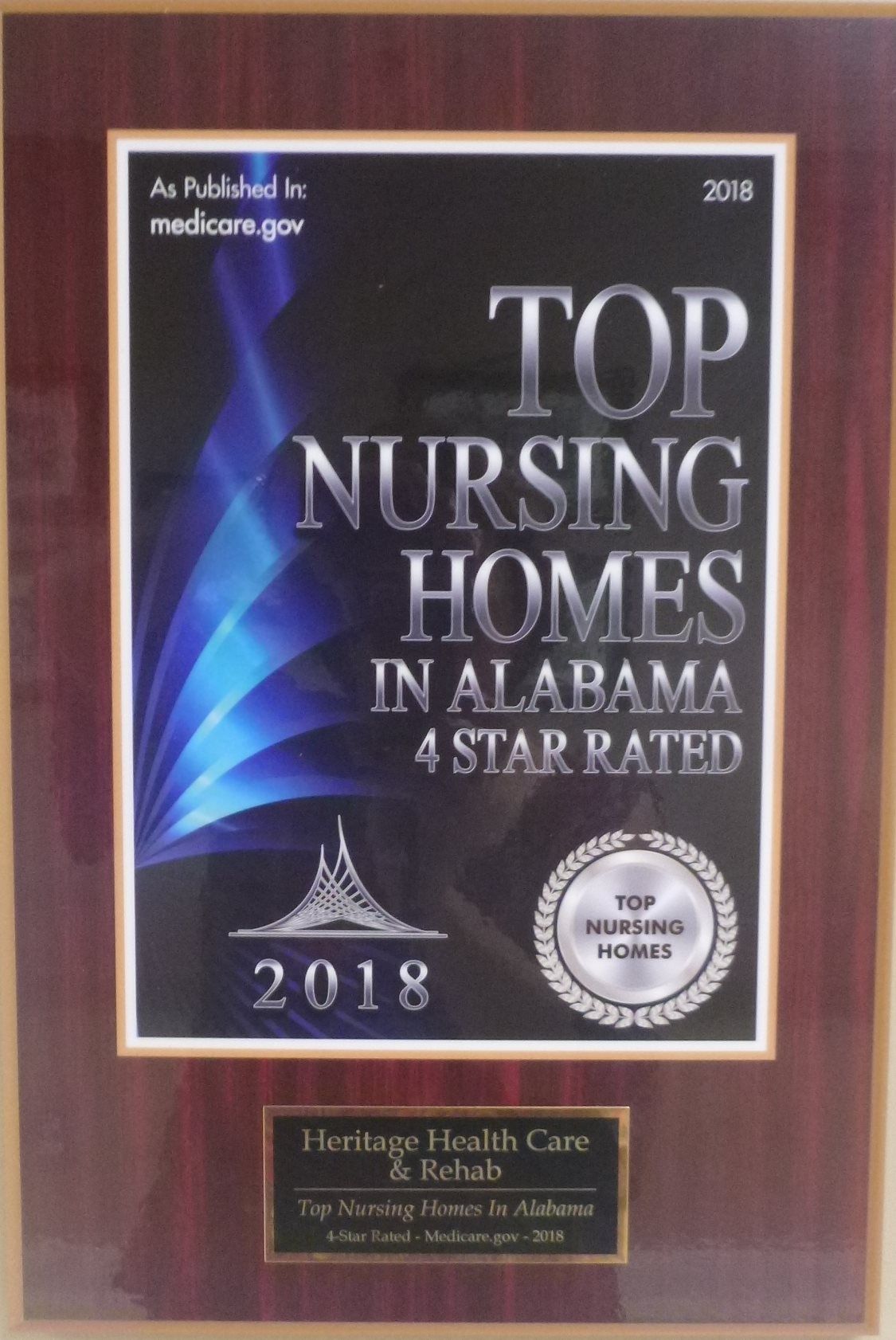 Award plaque recognizing Heritage Health Care & Rehab as a top nursing home in Alabama