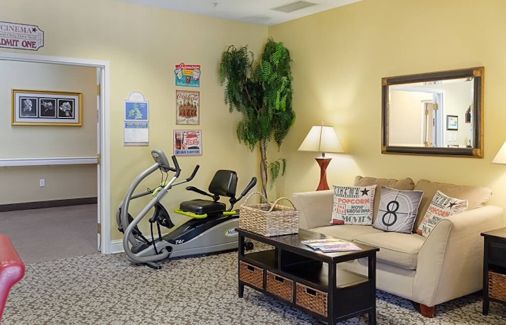 Exercise equipment in a cozy common area