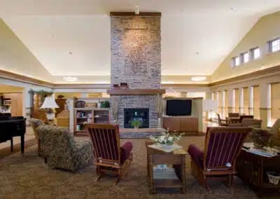 Spacious living room with a fireplace and seating area