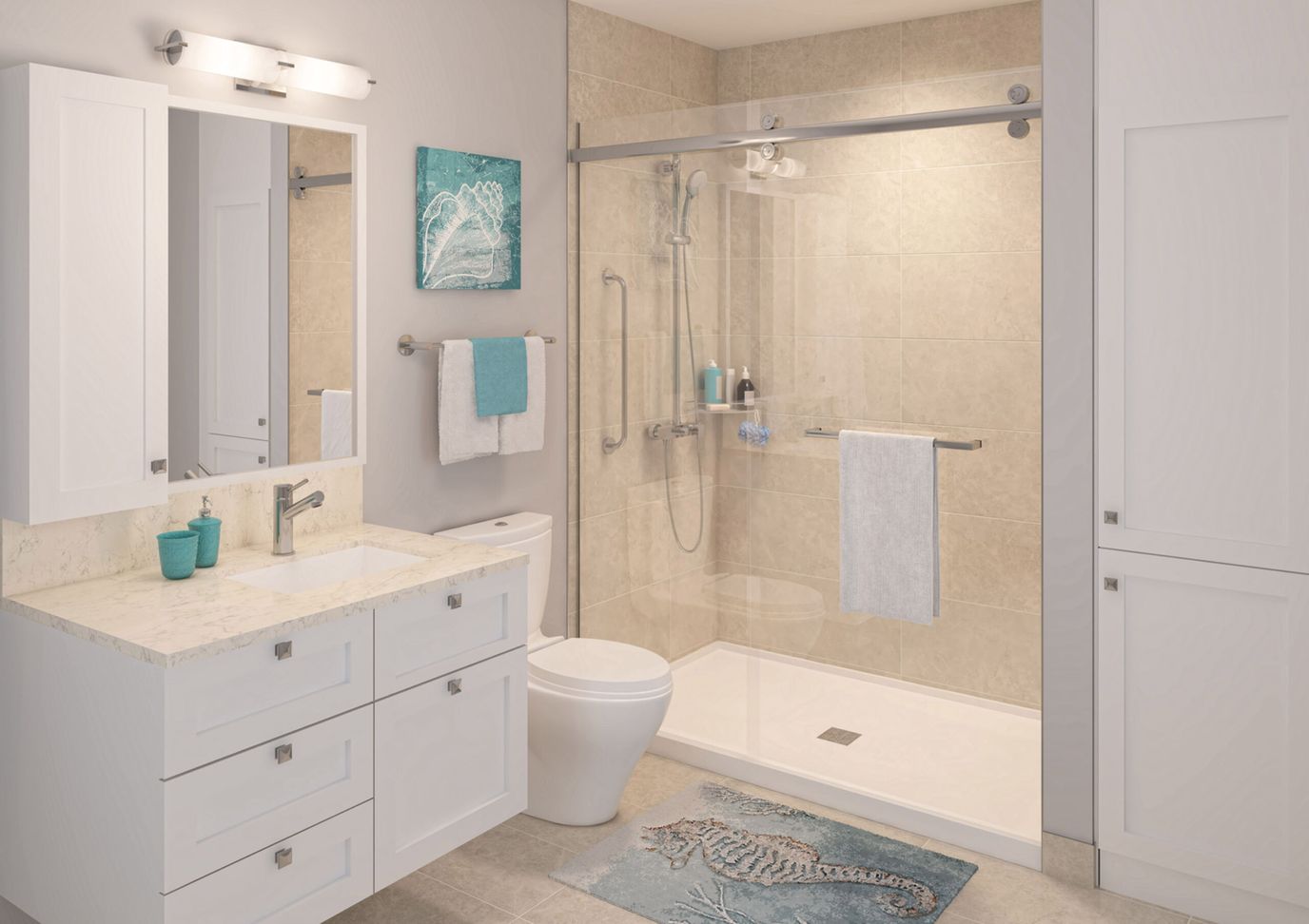 Modern bathroom interior with shower and amenities