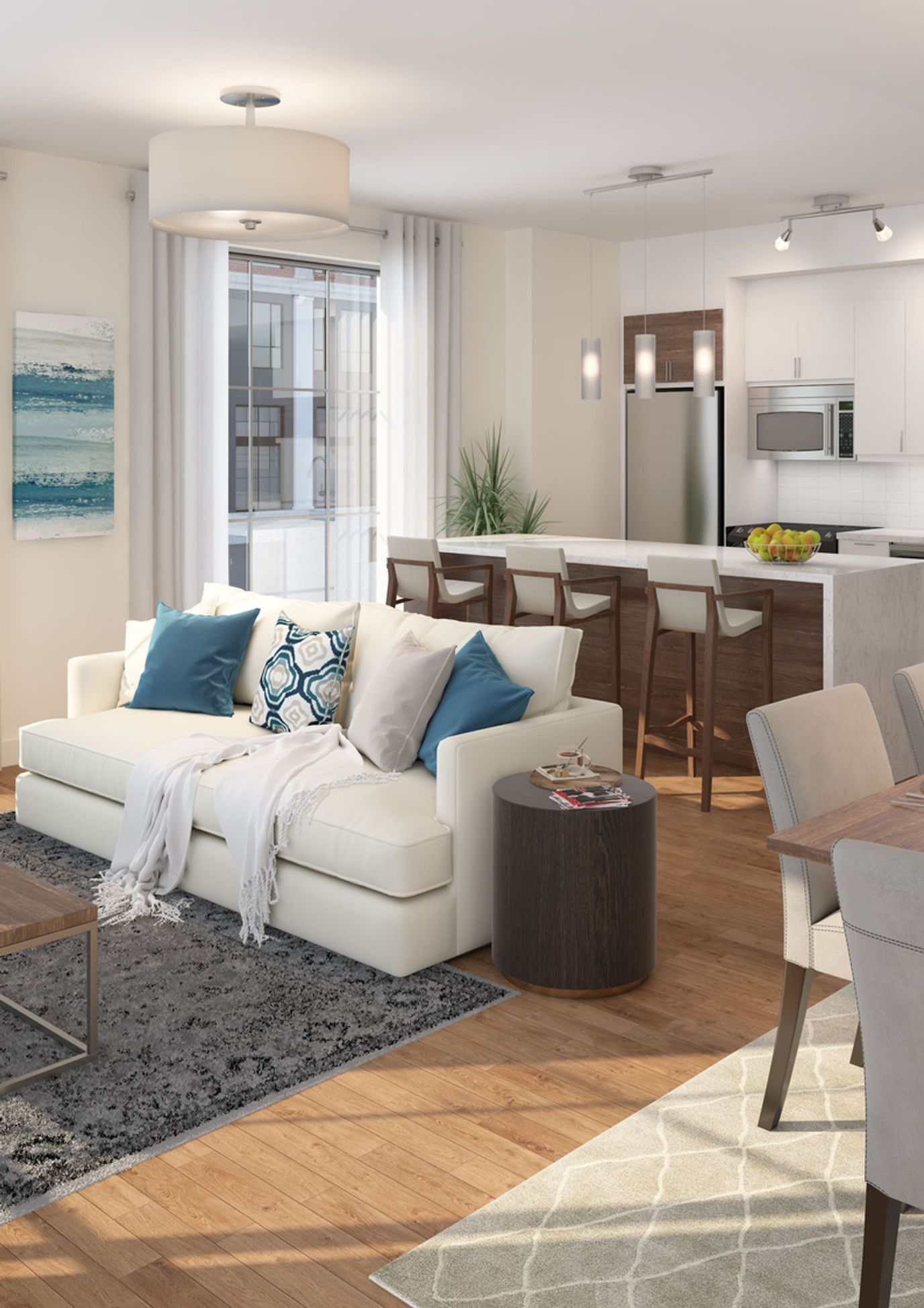 Bright and modern living area with furniture and decor