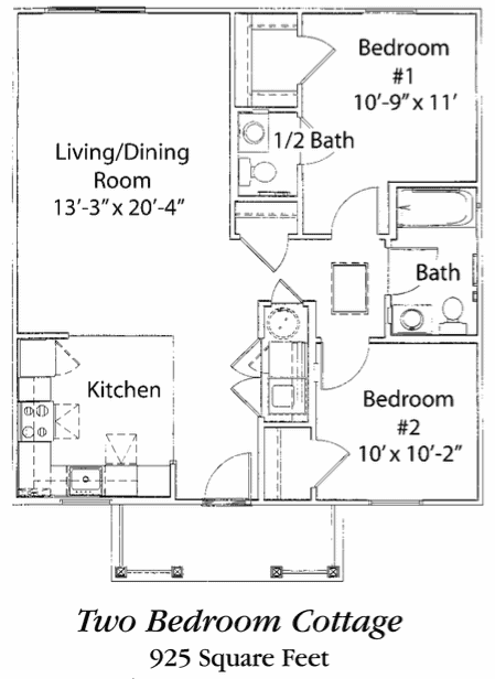 Architectural floor plan of a two-bedroom cottage