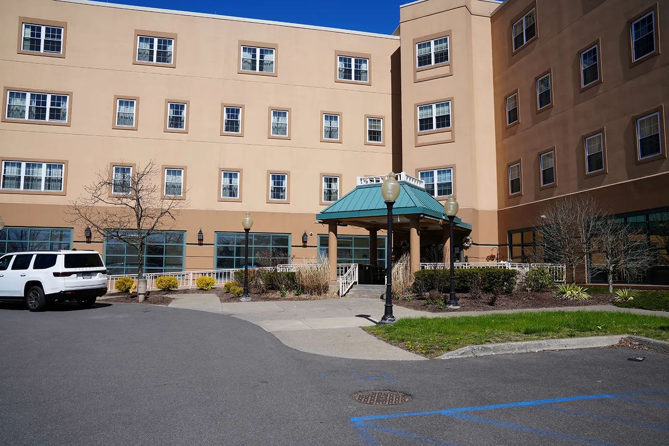 Exterior view of St Peter's Nursing and Rehabilitation Center entrance