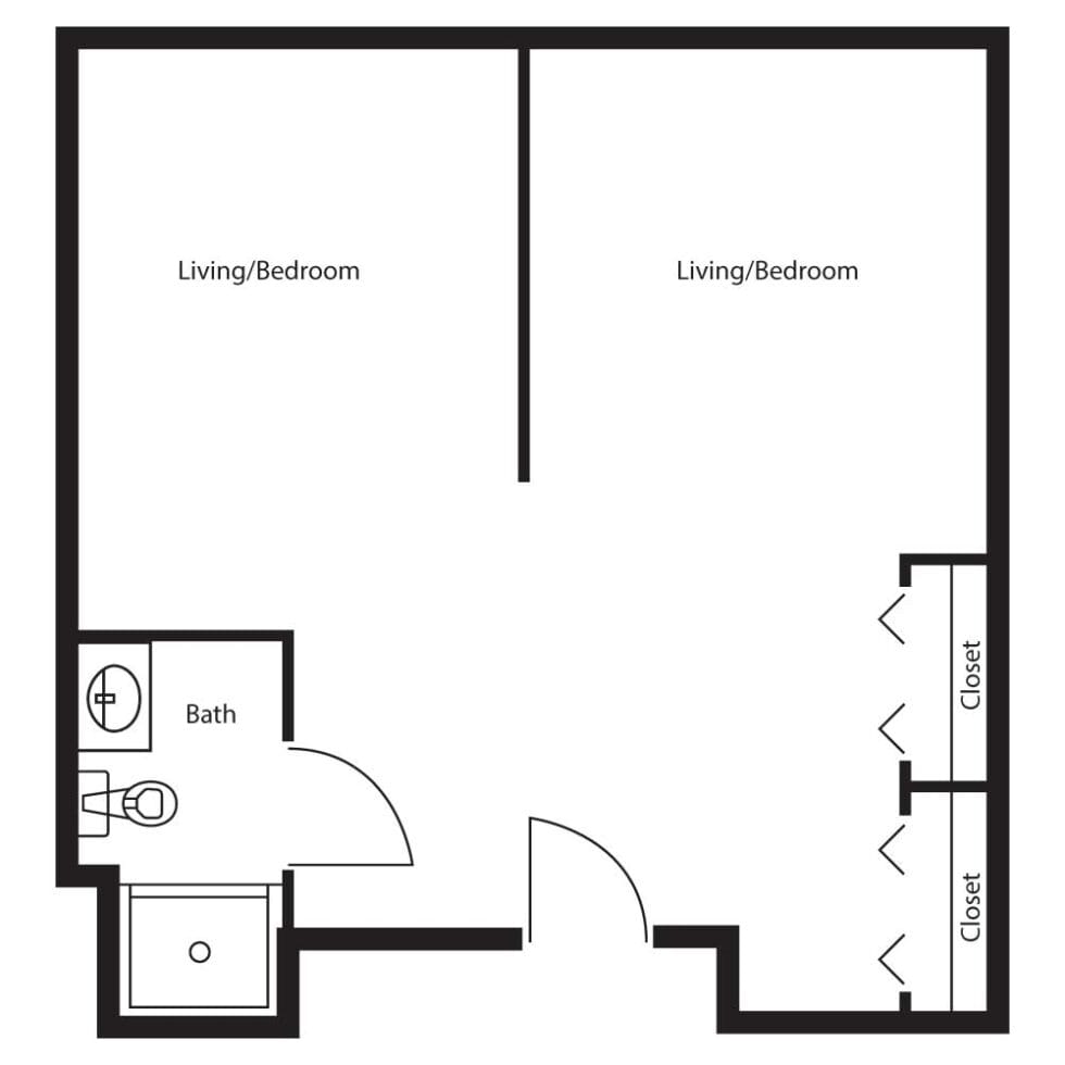 Architectural floor plan of a living/bedroom unit