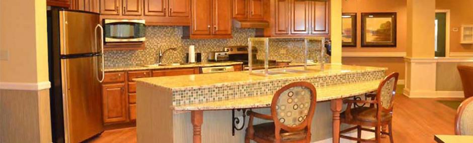 Modern kitchen with granite countertops and wood cabinetry