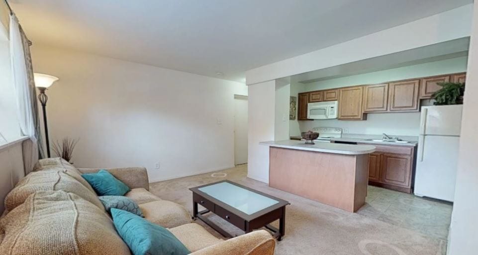 Cozy living room with sofa and kitchen area