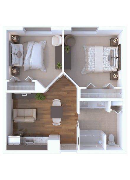Architectural floor plan of a two-bedroom unit