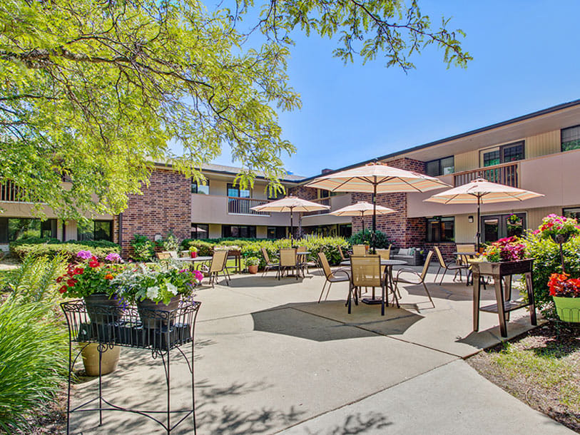 Outdoor seating area with flowers and umbrellas