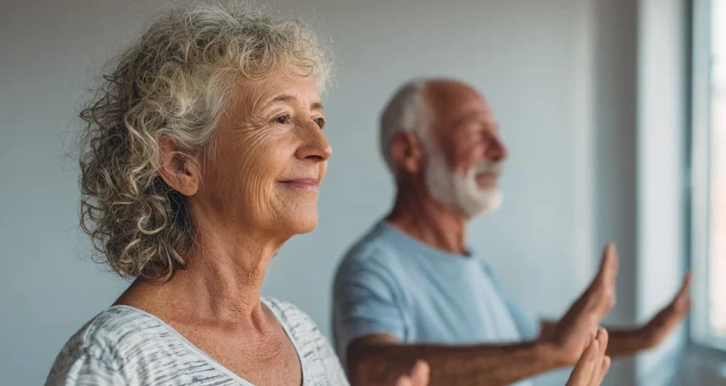 Two seniors engaged in an exercise or activity indoors