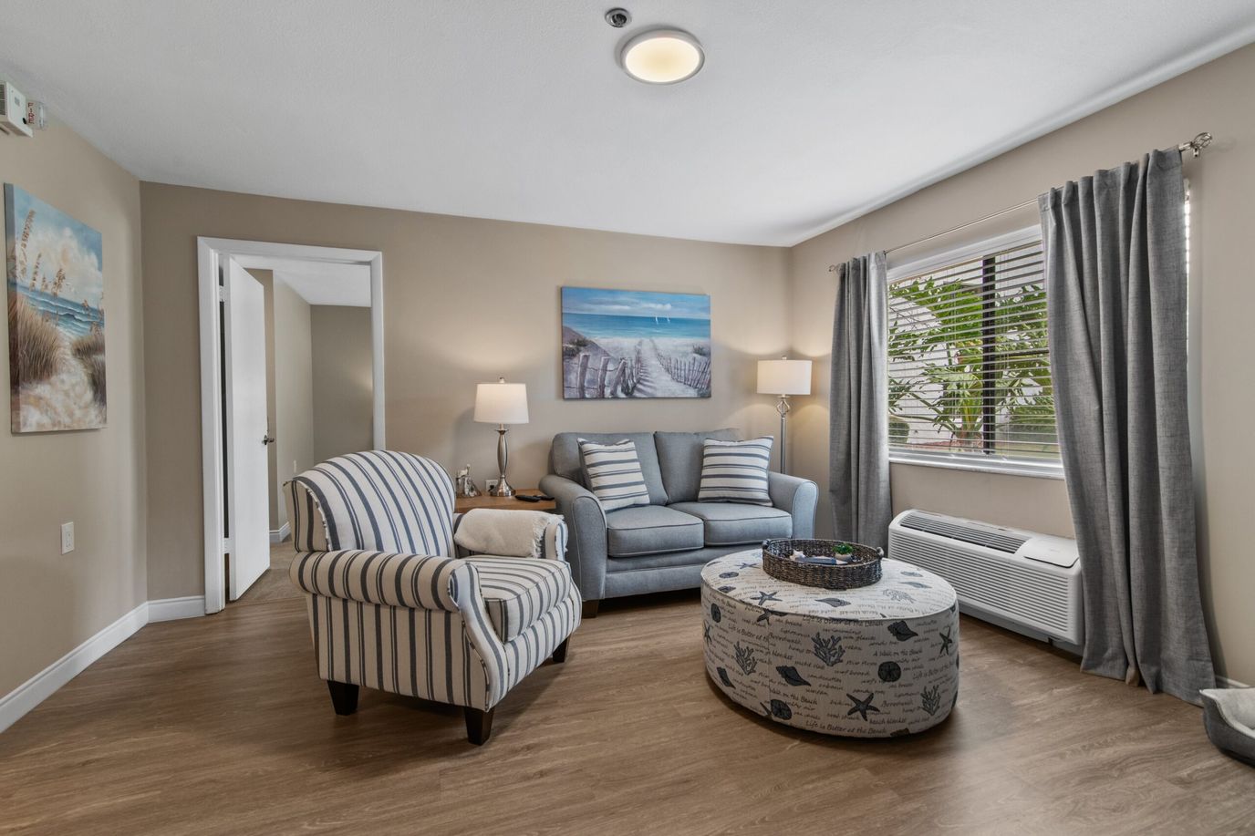 A cozy living room area in a senior facility