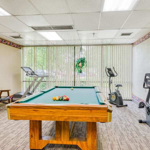 Interior view of a recreation room with a pool table