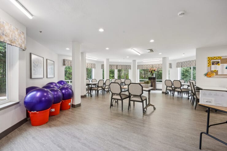 Interior common area with seating and fitness balls