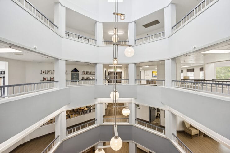 Spacious common area with modern design and lighting