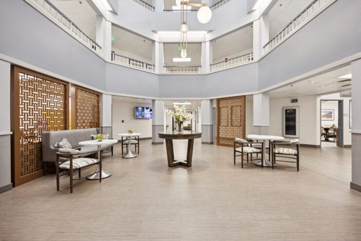 Common area with seating and decorative elements.
