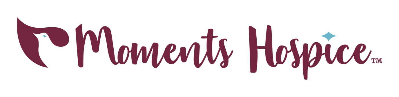 Moments Hospice logo in maroon and teal