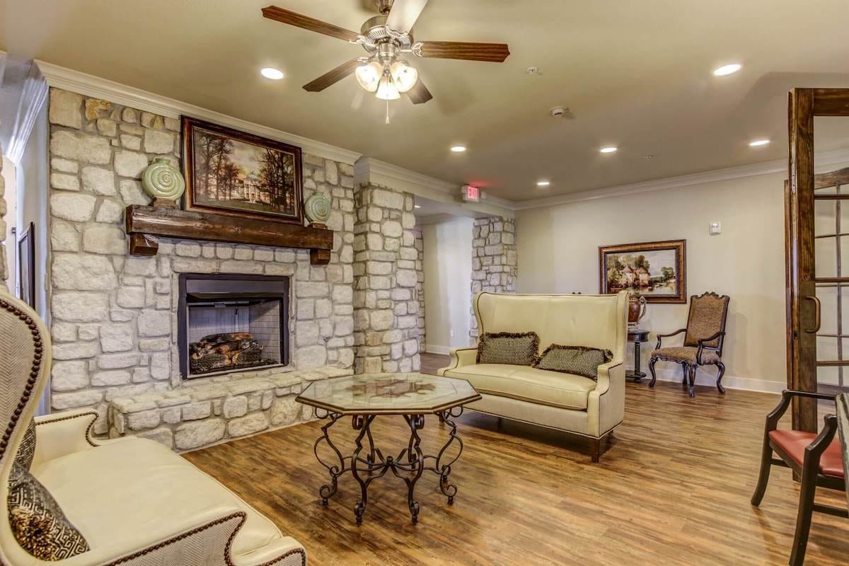 Interior lounge area with cozy seating and fireplace