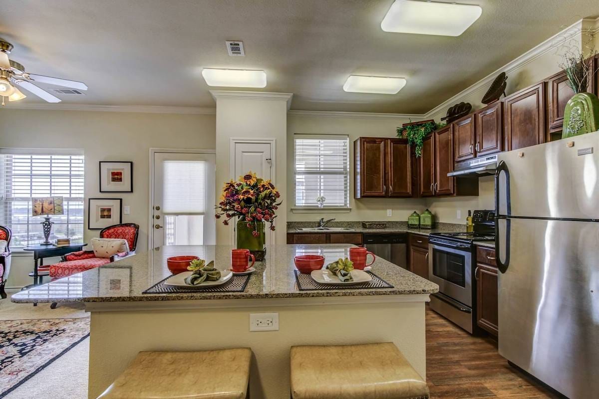 Interior view of a well-equipped kitchen in a senior living facility