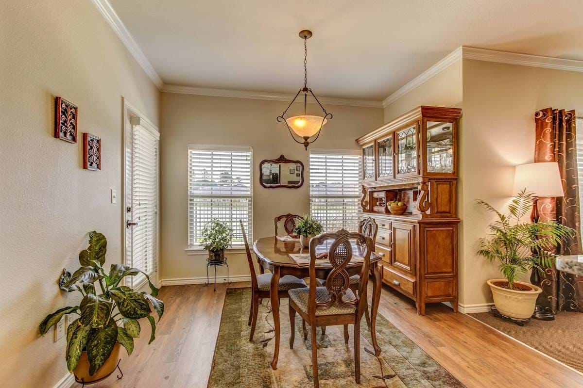 Interior dining room with wooden table and natural light