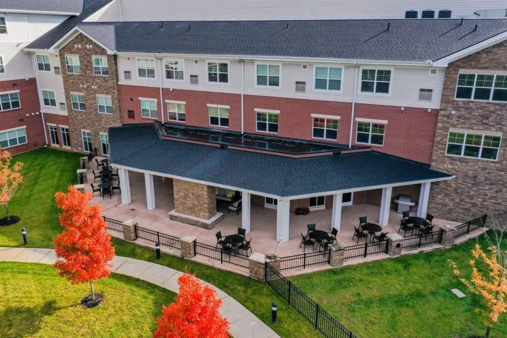 Aerial view of the outdoor seating area at Clarendale at Indian Lake