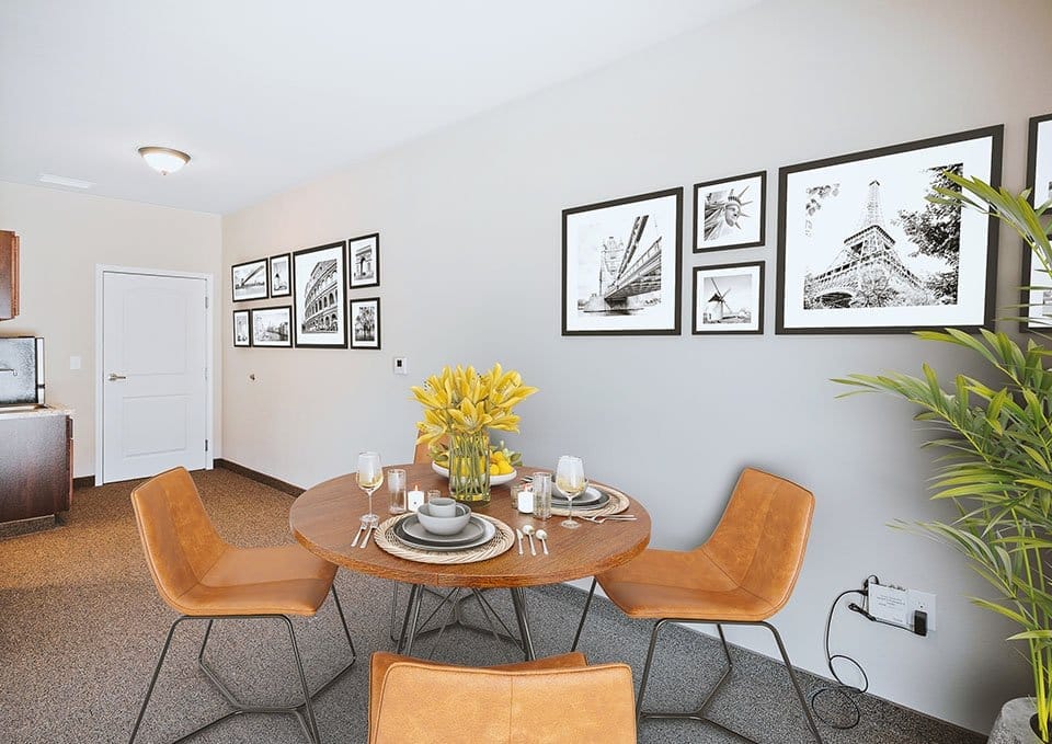 Modern dining area setup with decorative elements