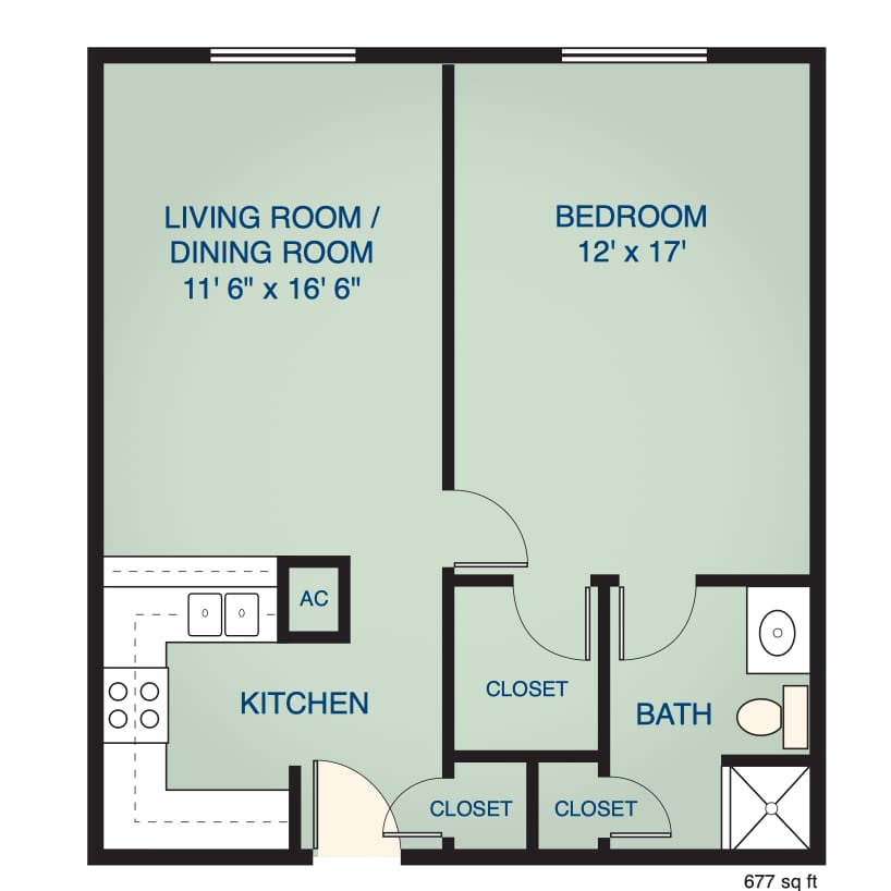 Architectural floor plan of a one-bedroom unit