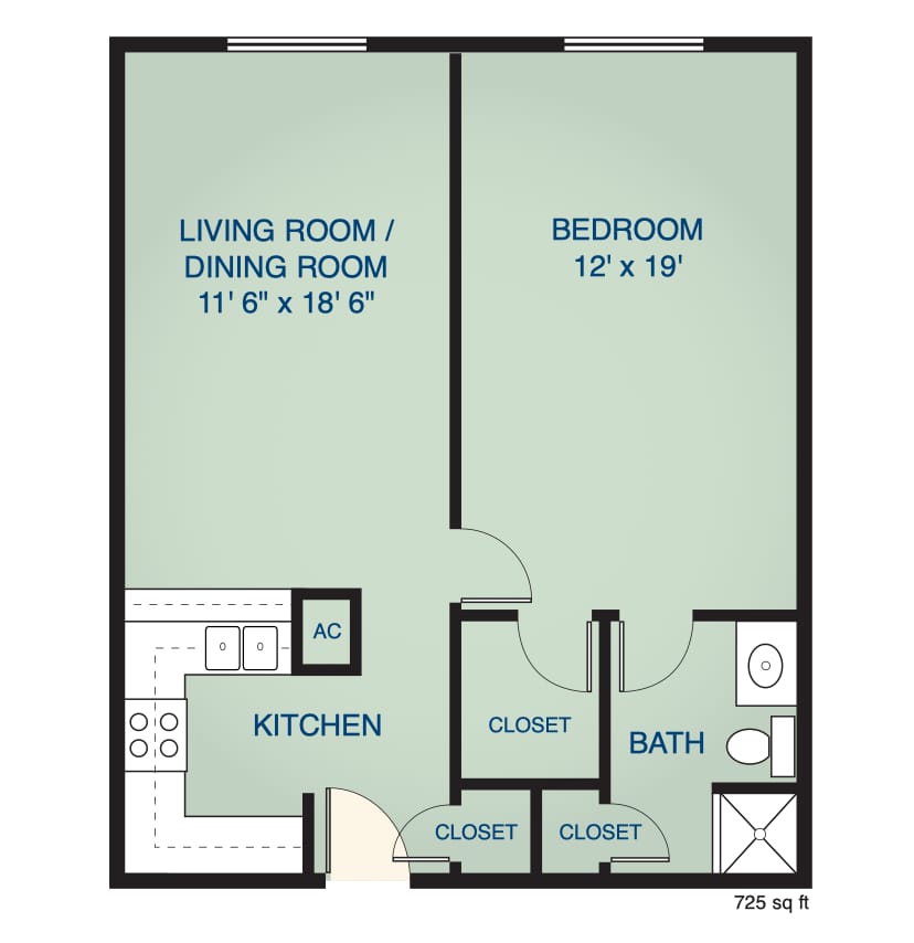 Architectural floor plan of a one-bedroom unit