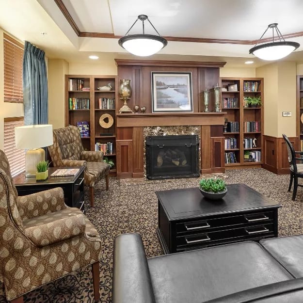 Comfortable lounge with a fireplace and bookshelves