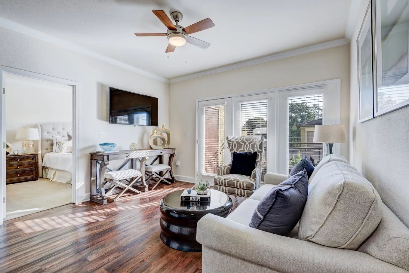 Modern living room with comfortable seating and natural light