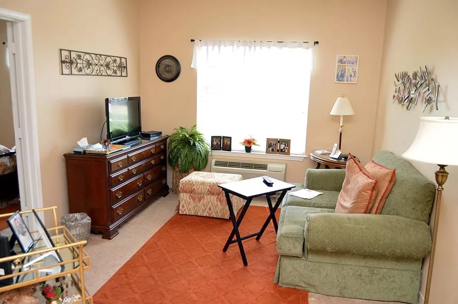 Warm and inviting living room with green couch and TV