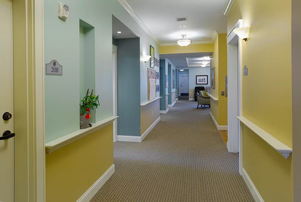 Brightly lit hallway with room numbers and decorative walls