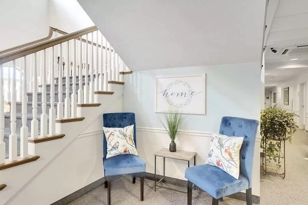 Two blue chairs with decorative pillows beside a plant and a 'home' sign.