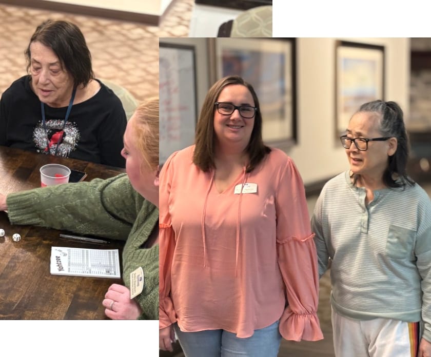 Residents and staff engaging in a group activity indoors