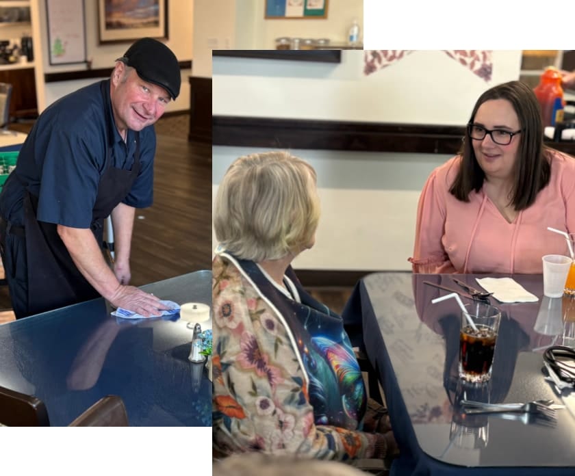 Staff interacting with a resident in a dining area