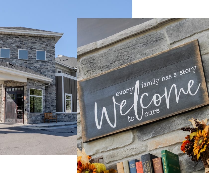 Exterior shot of Riverway Assisted Living with welcome sign