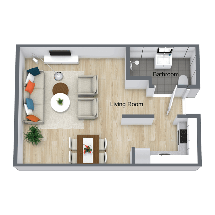 Architectural floor plan of a living room and bathroom.