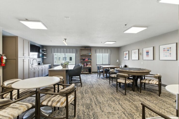 Interior common area with seating and kitchenette