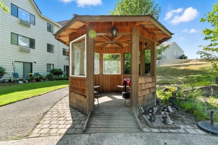 Outdoor gazebo in a grassy area