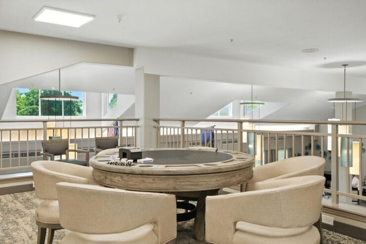 Interior of a common area with seating.