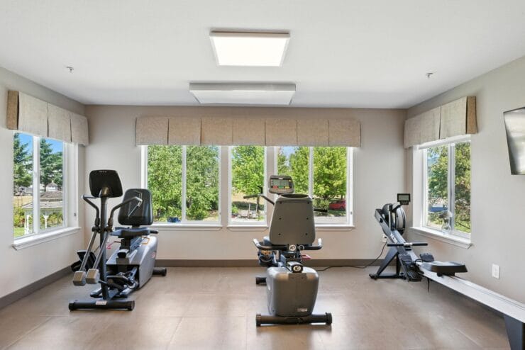 Bright fitness area with exercise equipment