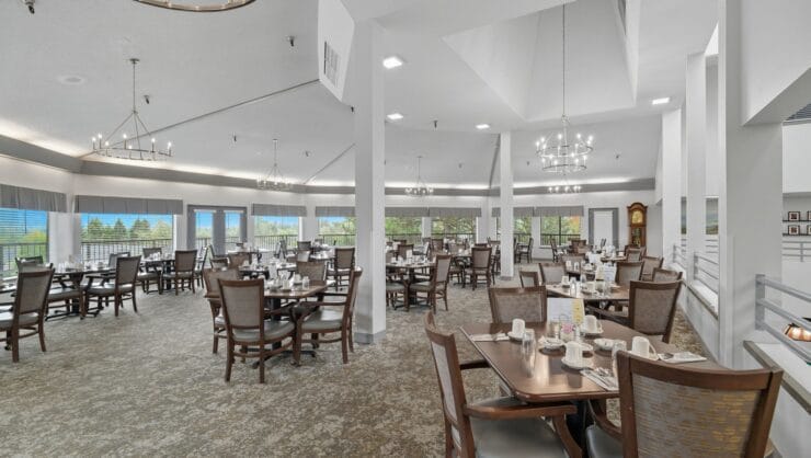 Spacious dining area with tables and chairs