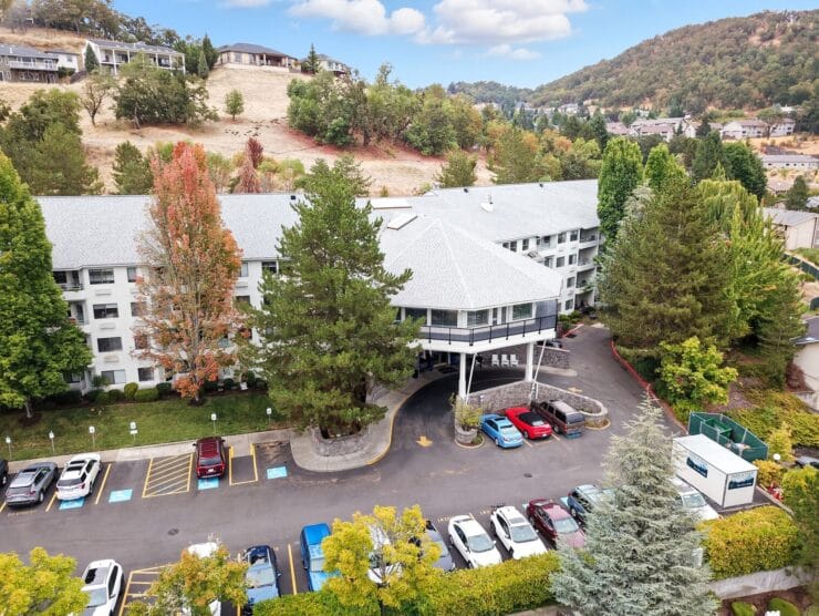 Aerial view of the facility with parking area.