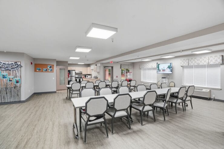 Interior common area with tables and chairs
