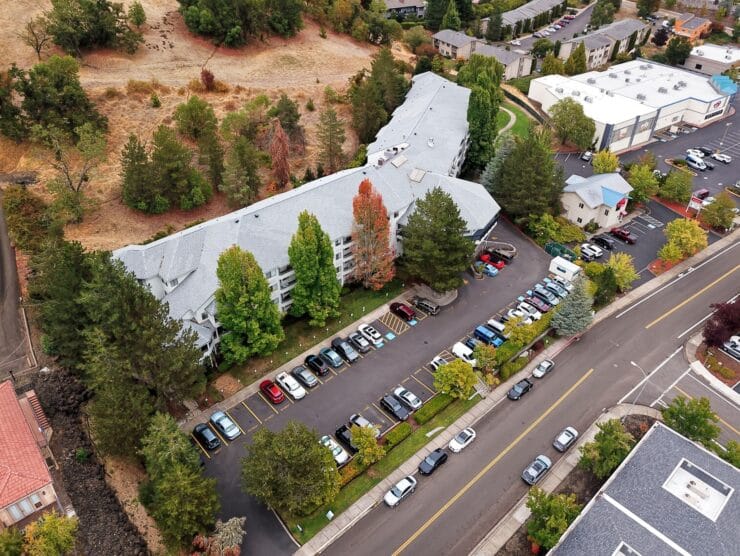 Aerial view of the assisted living facility with parking.