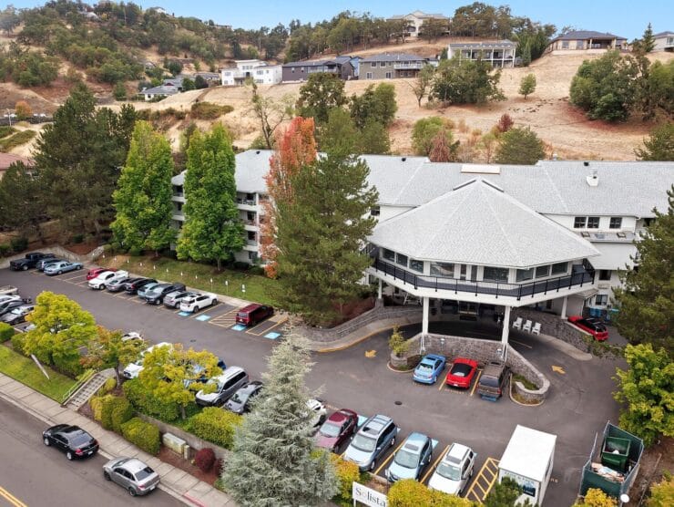 Aerial view of the facility and parking lot.