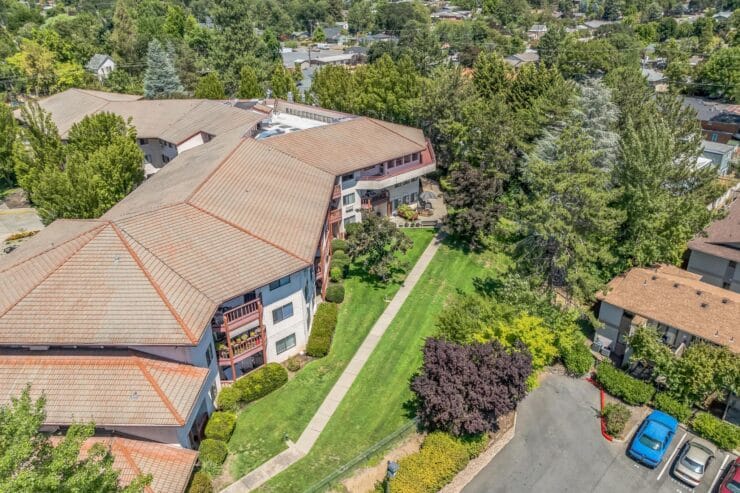 Aerial view of the facility's building and grounds.