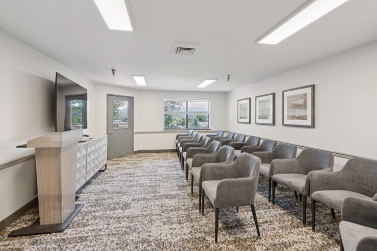 Interior view of a waiting area with seating